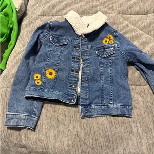 Gymboree Blue Denim Jacket with Cream Sherpa Collar and Sunflower Accents